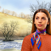 Woman wearing a colorful scarf with a scenic background of trees and water.